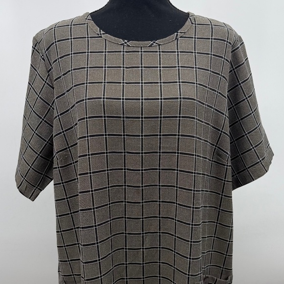 Norm Thompson Dress Women 1X Gray Black Plaid Short Sleeve Maxi Office Pockets - Picture 2 of 13